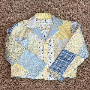Handmade Patchwork Jacket with Blue and Yellow Patterns Medium